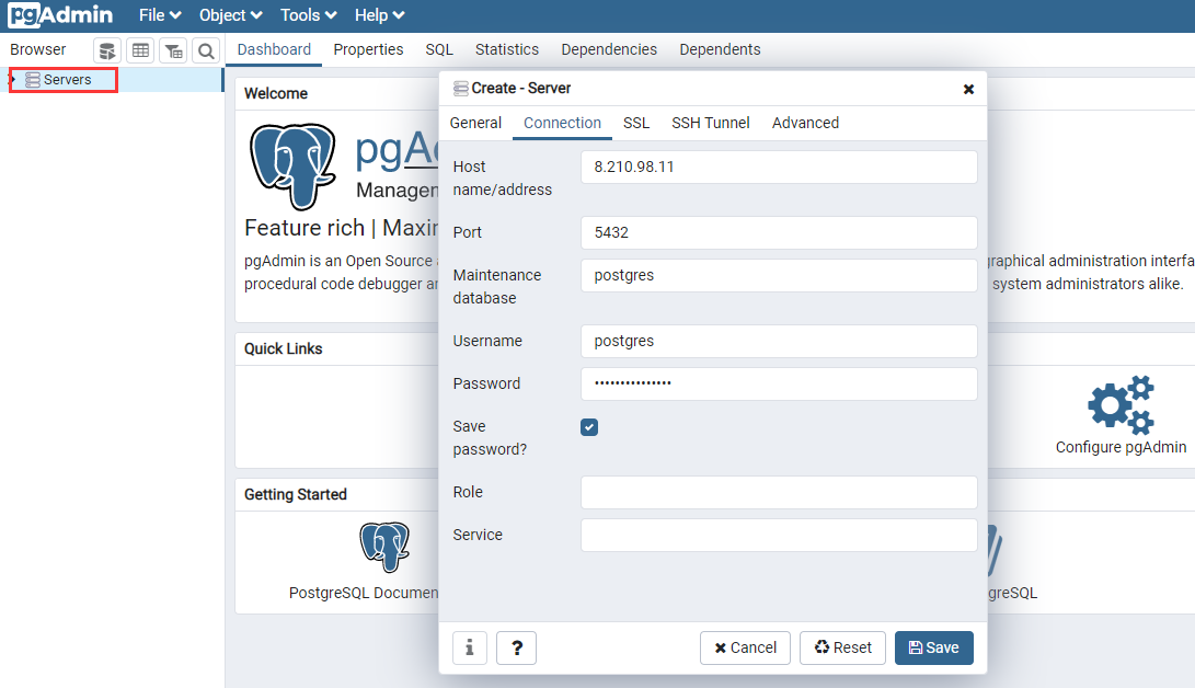 Setting pgAdmin Connection Information